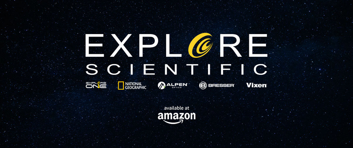 large Explore Scientific logo above the Explore one, National Geographic, Alpen Optics, Bresser and Vixen logos. Below the text says "available at Amazon" 